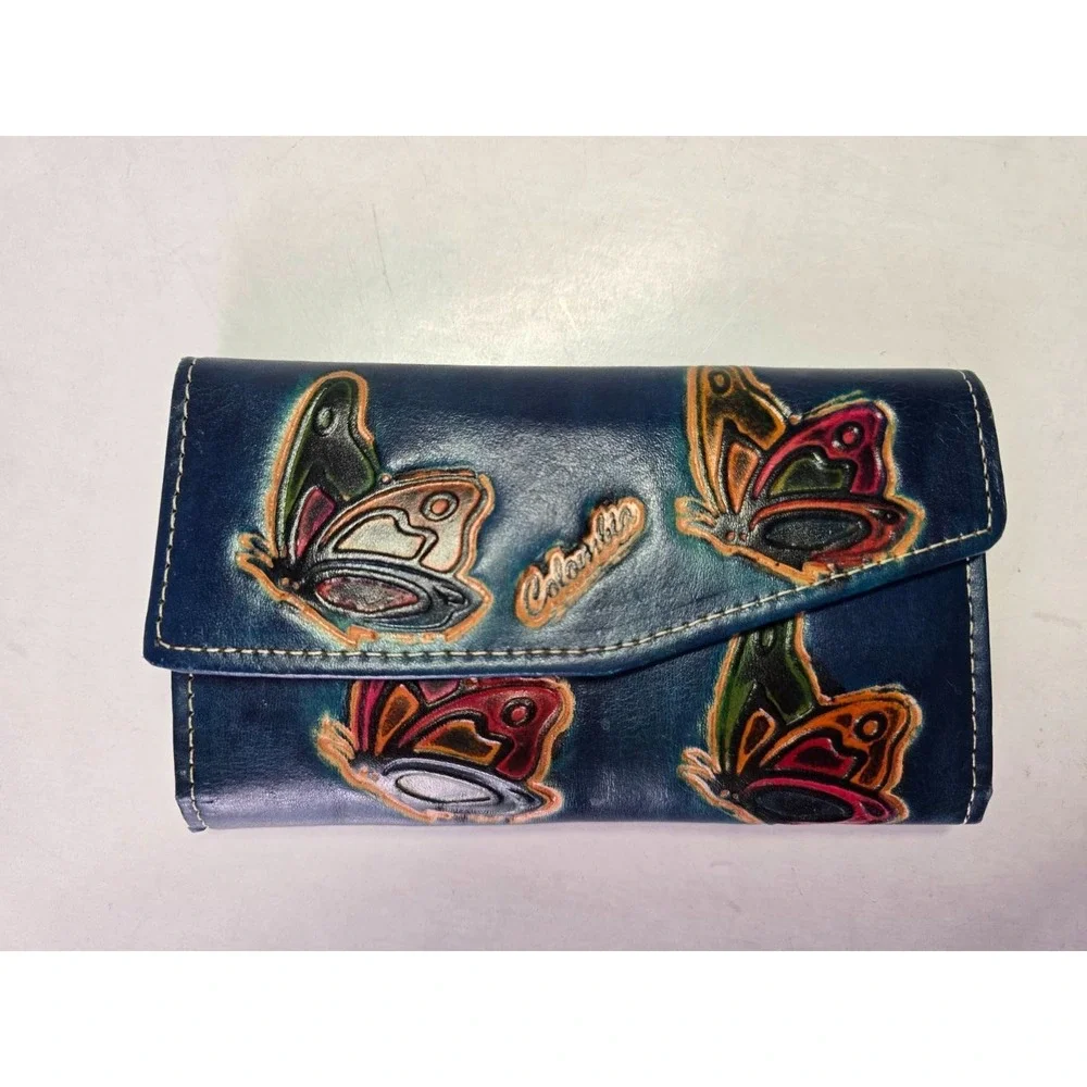 Hand-Painted‎ Leather Credit Card Wallet With Floral Butterfly Print Check Book